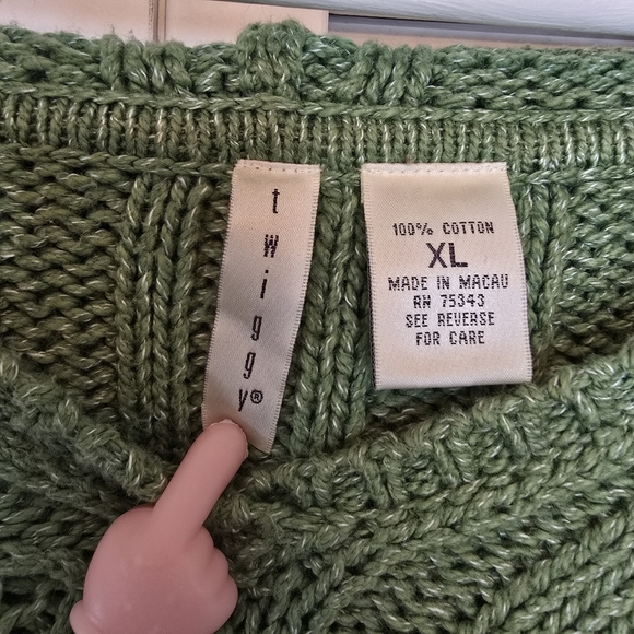 VTG TWIGGY Green Knit Hoodie Sweater Women XL Ribbed Y2K Cottagecore Brat Cotton - Picture 4 of 7